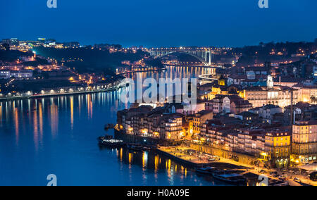 View over Porto with River Douro, dusk, Porto, Portugal Stock Photo