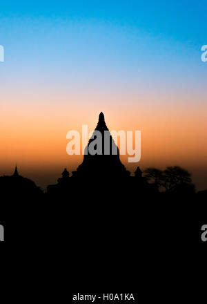 Pagoda in backlight, silhouette, temple, stupa, sunrise, morning atmosphere, Bagan, Division Mandalay, Myanmar Stock Photo