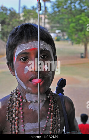 Young Yogi with a pierced tongue, spiritual tongue piercing, Mahabalipuram, India Stock Photo