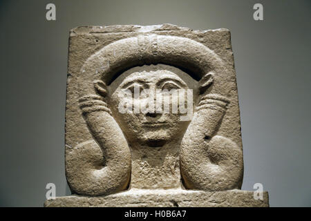 Limestone stele with the head of Hathor. 2nd quarter of the 6th century BC. Cypriot, Archaic. Stock Photo