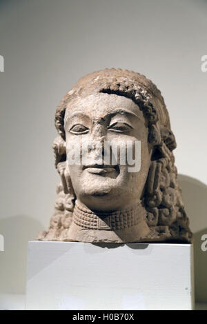 Head of a female. Limestone. Cypriot, Archaic, late 6th- early 5th c. B.C. From Temple at Golgoi. Stock Photo