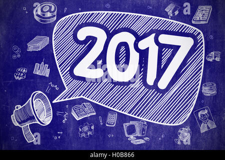 2017 - Cartoon Illustration on Blue Chalkboard. Stock Photo