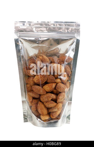 Almonds are roasted no peeled in packaging foil zip lock bag. Isolated on white with clipping paths. Stock Photo