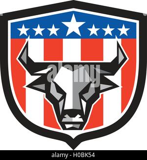 Low polygon style illustration of a bull cow head facing front set inside shield crest with usa american stars and stripes flag Stock Vector
