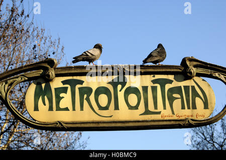 France. Paris. Art Nouveau style. Metro station by Hector Guimard (1867-1942). Blanche entrance. Topped with enameled signs and distinctive hand-drawn letters. Pigalle district. Stock Photo