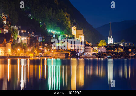 Summer Night in the Hallstatt Village in Upper Austria, Salzkammergut. Stock Photo