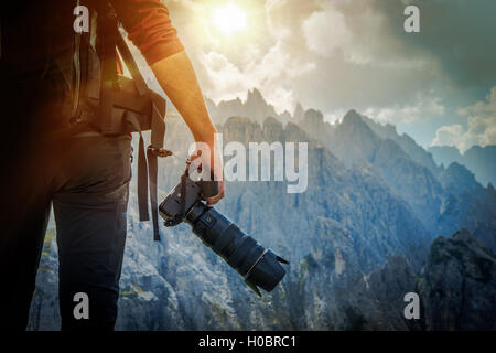 Nature Photography Concept. Professional Nature Photographer and the Mountain Vista. Stock Photo
