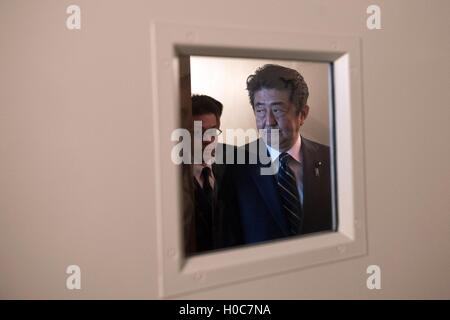 Japanese Prime minister Shinzo Abe arrives to meet Prime Minister Theresa May at the United Nations Headquarters in New York, USA, where they are attending the UN General Assembly. Stock Photo