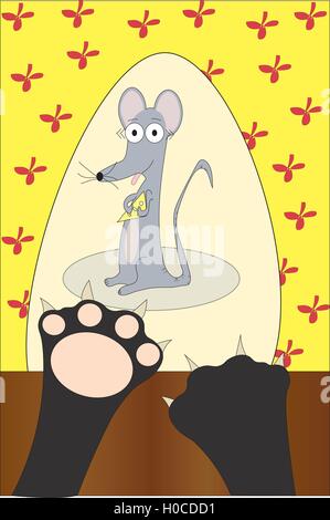 Pets eye view of cat paws trying to catch house mouse holding chunk of stolen cheese. Stock Vector