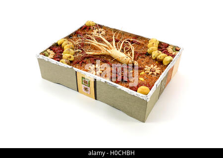 Traditional Korean snack made of a mixture of jujube, chestnuts, pine nuts or Short sangtteok Yakbap also called Stock Photo