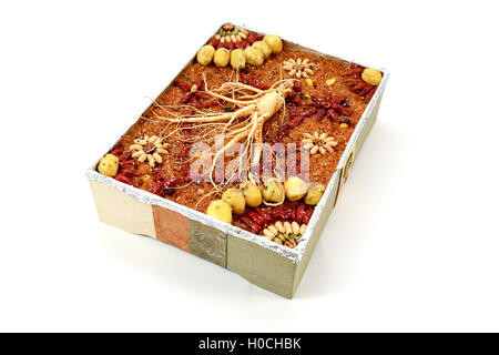 Traditional Korean snack made of a mixture of jujube, chestnuts, pine nuts or Short sangtteok Yakbap also called Stock Photo