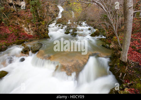Landscape with waterfall in autumn time in Navarra, Spain. Horizontal Stock Photo