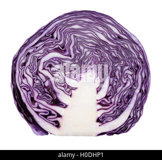Red cabbage cross-section over white background. Purple-leaved variety of Brassica oleracea, also known as purple cabbage. Stock Photo