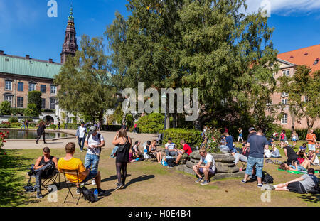 The hunt goes on in Pokemon Go, The garden of The Royal Library, Copenhagen, Denmark Stock Photo