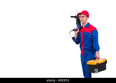 Young repairman with drill perforator isolated on white Stock Photo