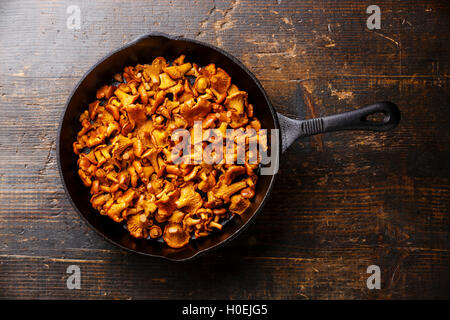 Roasted wild forest mushrooms chanterelle in pan on wooden background Stock Photo