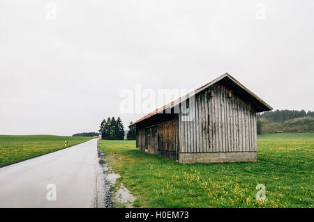 Lonely cottage in the fields a cloudy day. Horizontal composition, space for copy Stock Photo