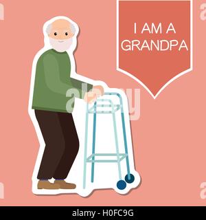 Grandpa standing full length with paddle walker smiling Stock Vector