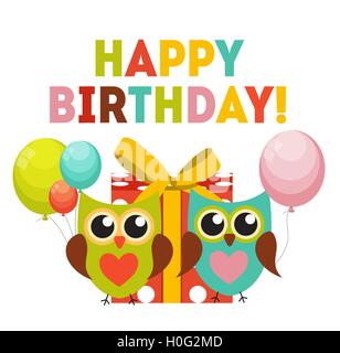 Happy birthday with owls and gift box. Baby birthday greeting card ...