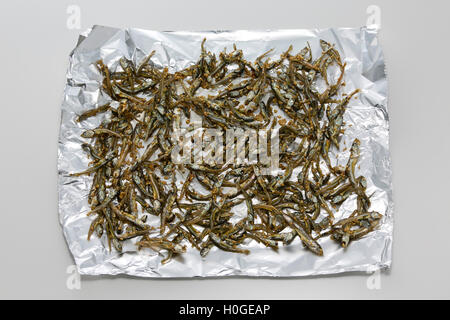 Fried dried anchovy fish on aluminum paper in asia Stock Photo