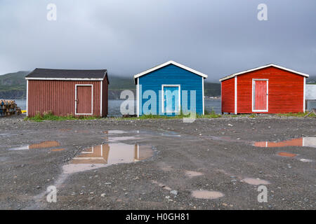 Colorful fishing stages and lobster traps in Trout river, Newfoundland and Labrador, Canada. Stock Photo