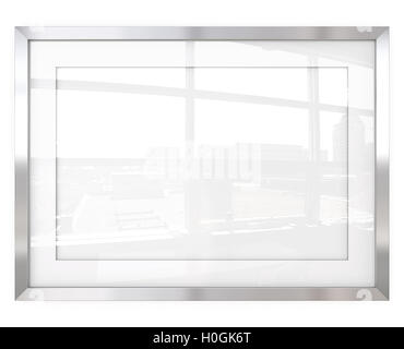 3D render of Metal Frame with white Passe-partout. Urban Reflection on Glass. Stock Photo