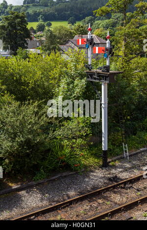 GWR style semaphore signals on the Llangollen heritage railway Stock Photo