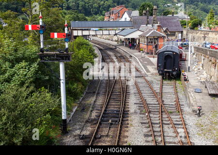 GWR style semaphore signals on the Llangollen heritage railway Stock Photo