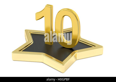 3D golden number 10 on star podium, 3D rendering isolated on white background Stock Photo