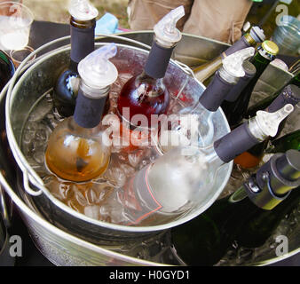A collection of wine bottles chilling in an ice bucket at an outdoor event.ev Stock Photo