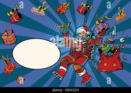 Space Santa Claus in zero gravity with Christmas gifts Stock Vector