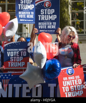 London, September 21st 2016. A 'Stop Trump' open topped red London double-decker bus tours central London in a bid to encourage US expats to register to vote, expecting the majority of them to be more inclined to support for Hilary Clinton. Credit:  Paul Davey/Alamy Live News Stock Photo