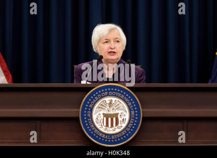 Washington, DC, USA. 21st Sep, 2016. U.S. Federal Reserve Chair Janet Yellen speaks during a news conference in Washington, DC, capital of the United States, Sept. 21, 2016. The U.S. Federal Reserve on Wednesday kept its federal funds rate unchanged amid recent weak economic data and tepid inflation, but signaled that the central bank could have one rate hike by the end of this year. © Bao Dandan/Xinhua/Alamy Live News Stock Photo