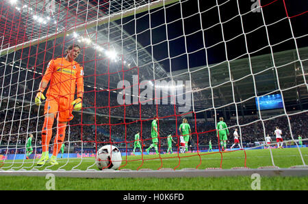 Leipzig, Germany. 21st Sep, 2016. Gladbach's goalkeeper Yann Sommer fetches the ball from the net after the 1:0 goal in the match of RB Leipzig against Borussia Moenchengladbach on the fourth match day of the Bundesliga at the Red Bull Arena in Leipzig, Germany, 21 September 2016. PHOTO: JAN WOITAS/dpa/Alamy Live News Stock Photo