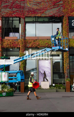 Wimbledon London,UK. 22nd September 2016. A worker on a cherry picker carries out maintenance work in front of Wimbledon Centre Court covered in Japanese Ivy which has changed to beautiful autumn colours Credit:  amer ghazzal/Alamy Live News Stock Photo