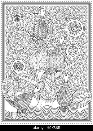 Elegant adult coloring page, peacocks in the whirl tree, anti-stress patten for coloring Stock Vector