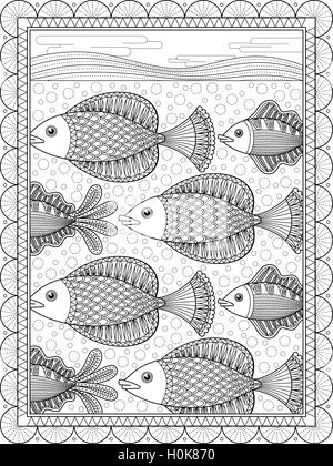 Elegant adult coloring page, lovely swimming fish, anti-stress patten for coloring Stock Vector