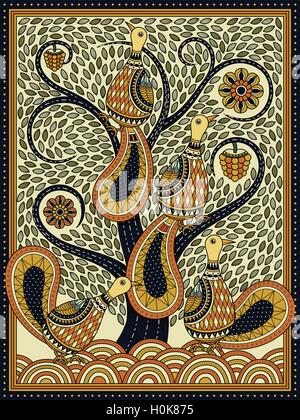 Elegant adult coloring page, peacocks in the whirl tree in autumn color Stock Vector