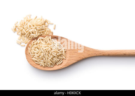 The thaibonnet rice in wooden spoon isolated on white background. Stock Photo