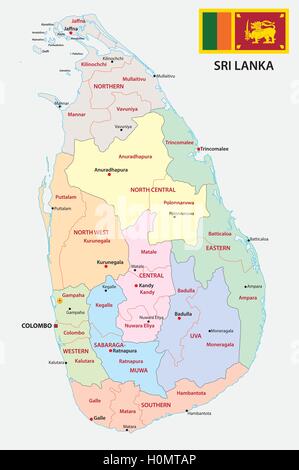sri lanka administrative map with flag Stock Vector