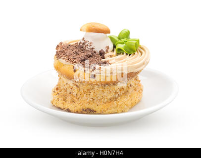 cake on a saucer front view isolated on white background Stock Photo