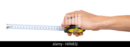 Human hand with tape-measure isolated on white background Stock Photo