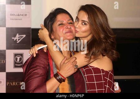 Bollywood filmmaker Leena Yadav and actor Surveen Chawla during the press conference of film Parched in Mumbai Stock Photo