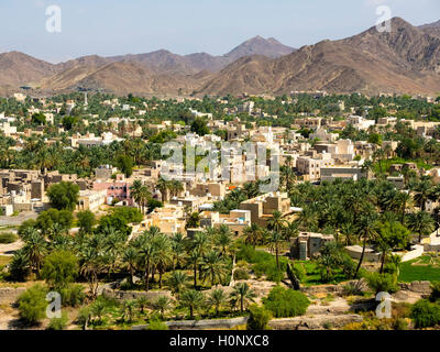 View of Bahla, oasis in Jebel Shams, Wadi Misfah, mountain village, Al Hajar al Gharbi Mountains, Ad Dakhiliyah, Oman Stock Photo