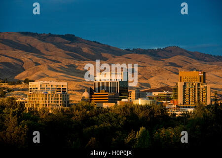 Boise Idaho skyline against foothills at sunset on Sept 2, 2016 Stock Photo