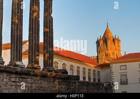 Roman temple of Diana and cathedral tower Evora Alentejo Portugal Stock Photo