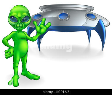 A little green man alien cartoon character waving in front of his flying saucer spaceship Stock Photo