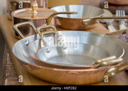 the new copper cookware - pots and pans Stock Photo