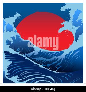 Blue Waves And Red Sun In The Japanese Style Stock Vector