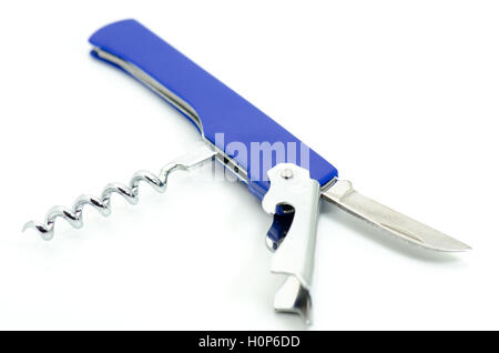 Blue multi-purpose tool with cockscrew and knife blade isolated on white Stock Photo
